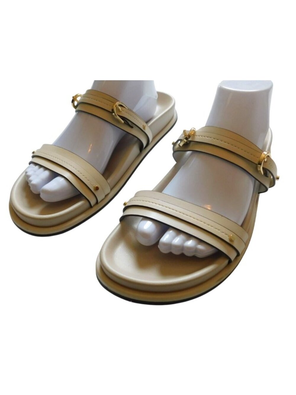 Zara Womens Cream Slide Sandals Gold Buckle Details Size 41 10  / 10.5 Coastal - Picture 2 of 7